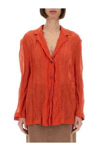 Alysi women’s vibrant orange lightweight crinkled blouse with classic collar and button-front design