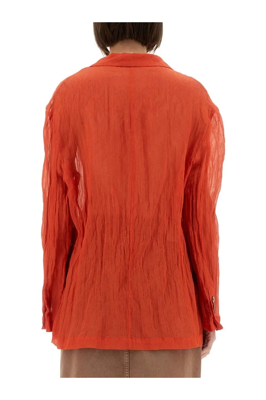 Alysi women’s wrinkled effect shirt in vibrant orange with long sleeves and textured crinkled fabric with vertical pleats
