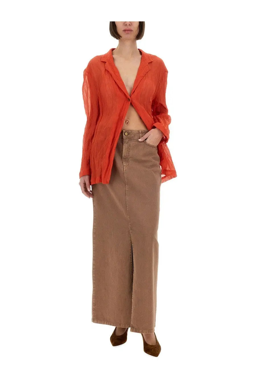 Alysi women’s wrinkled effect shirt in vibrant orange flowing silk with a relaxed fit and asymmetrical front detail
