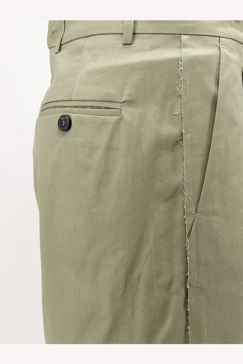 Amaránто men’s olive green cotton trousers with pleats black button and frayed seam detailing army style