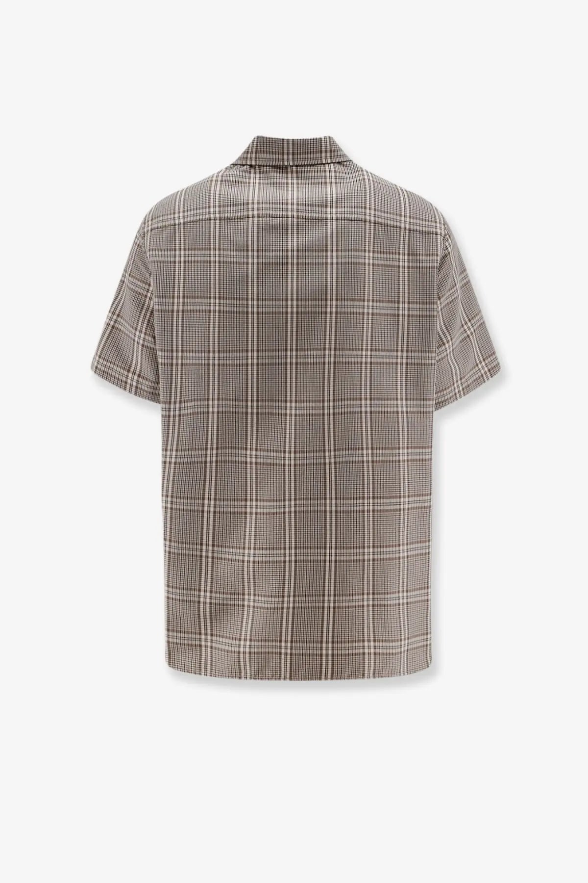 A short-sleeved button-up amaránto men’s madras cotton blend shirt in muted brown and beige plaid woven fabric