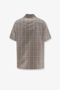 A short-sleeved button-up amaránto men’s madras cotton blend shirt in muted brown and beige plaid woven fabric