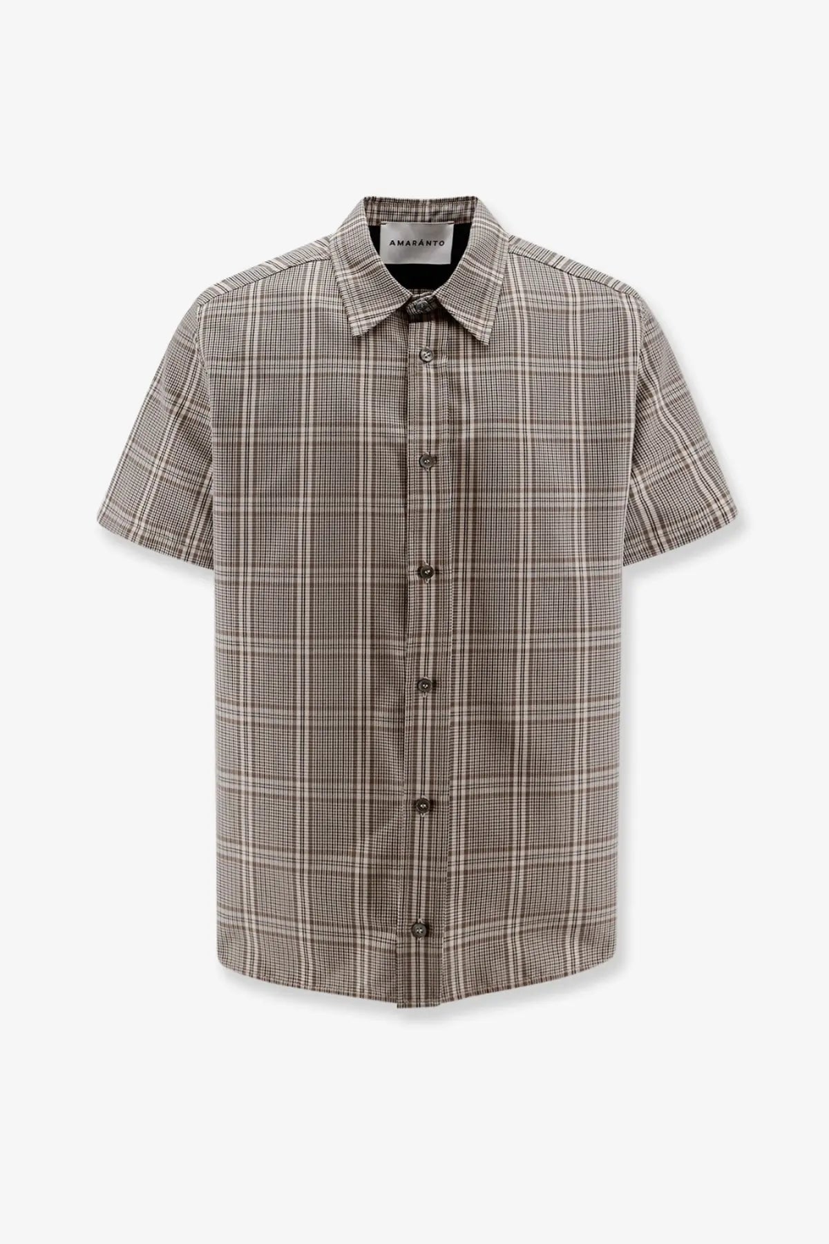 Amaranto men’s madras cotton blend short-sleeved button-up shirt in muted brown and beige plaid with dark buttons and classic collar