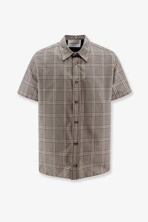 Amaranto men’s madras cotton blend short-sleeved button-up shirt in muted brown and beige plaid with dark buttons and classic collar