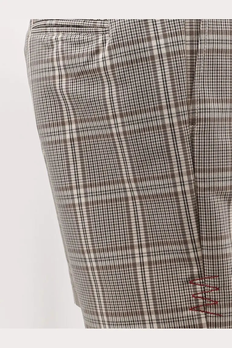 Gray and black plaid madras shorts with subtle red embroidered detail on side seam by amaranto men’s collection