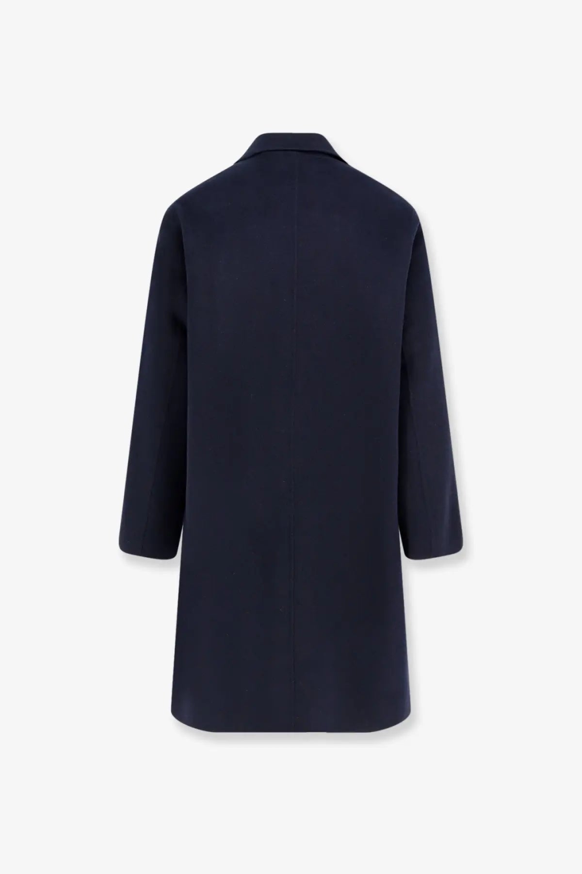 A sleek navy blue AMARÁNTO men’s outdoor wool coat with a classic collar and three-quarter length sleeves