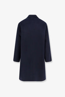 A sleek navy blue AMARÁNTO men’s outdoor wool coat with a classic collar and three-quarter length sleeves
