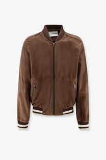 Amaránte men’s suede bomber jacket in brown with ribbed cuffs collar and white stripes on hem and sleeve cuffs