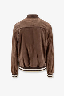 Amaránto men’s brown suede bomber jacket with ribbed collar cuffs and hem accented by white stripes