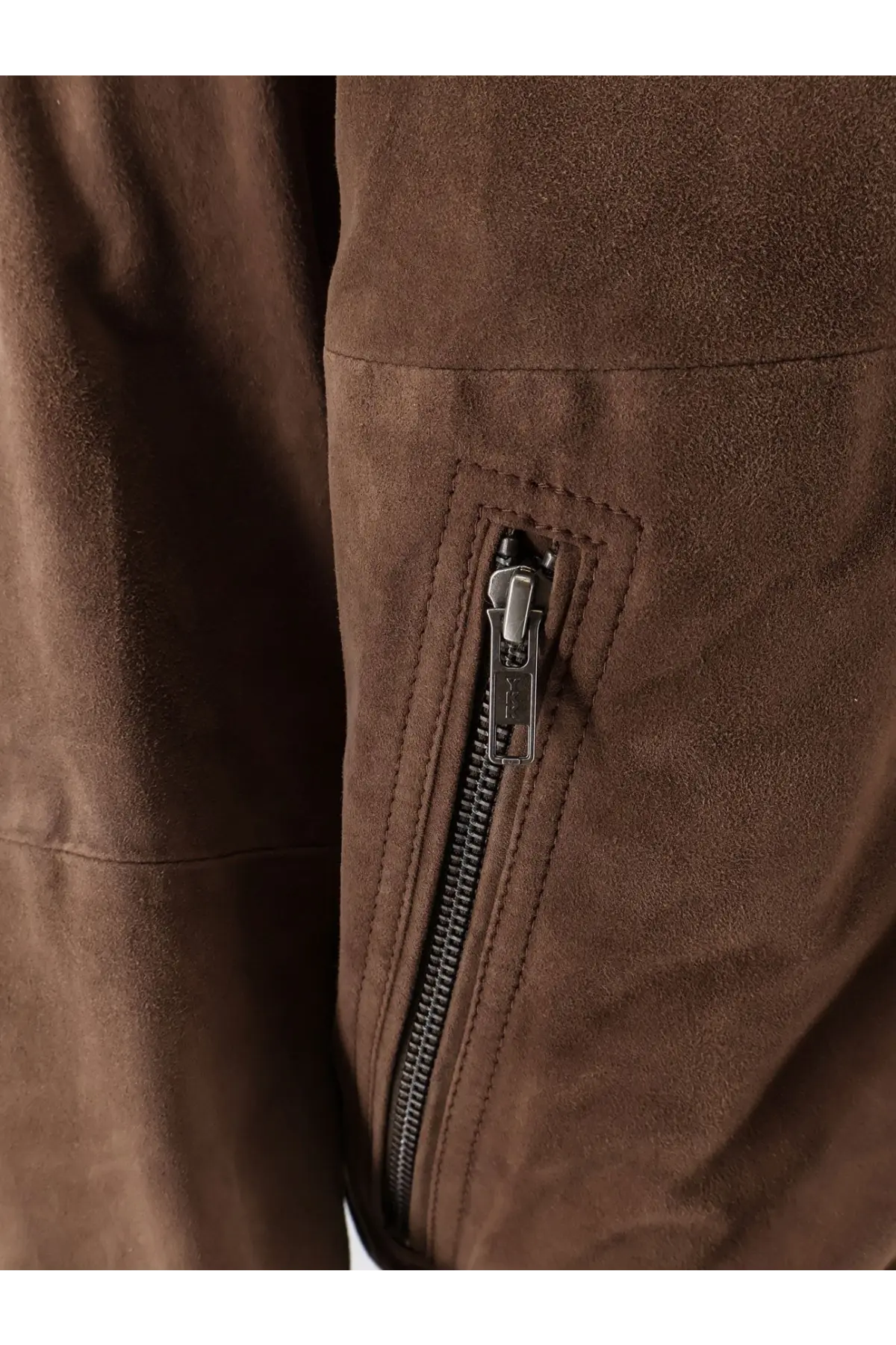 Brown suede bomber jacket for men by amaranto with a silver zipper on the side pocket in gold shade