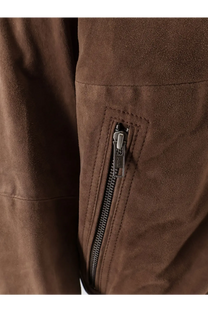 Brown suede bomber jacket for men by amaranto with a silver zipper on the side pocket in gold shade
