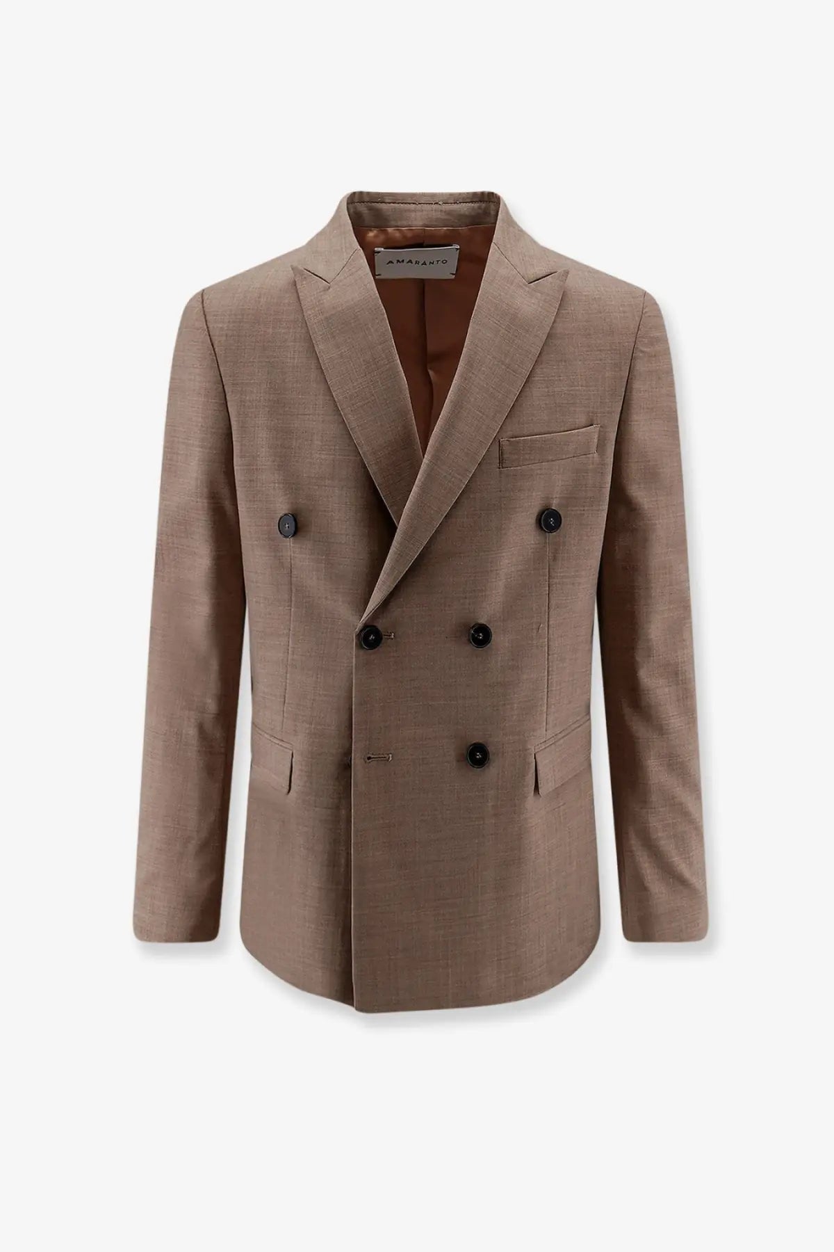Amaránto men’s beige double-breasted virgin wool blend blazer with subtle textured weave and black buttons
