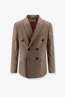 Amaránto men’s beige double-breasted virgin wool blend blazer with subtle textured weave and black buttons