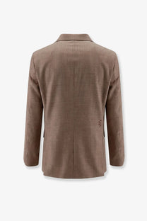 Back view of amaránto men’s beige virgin wool blend blazer with subtle textured weave and small embroidered logo