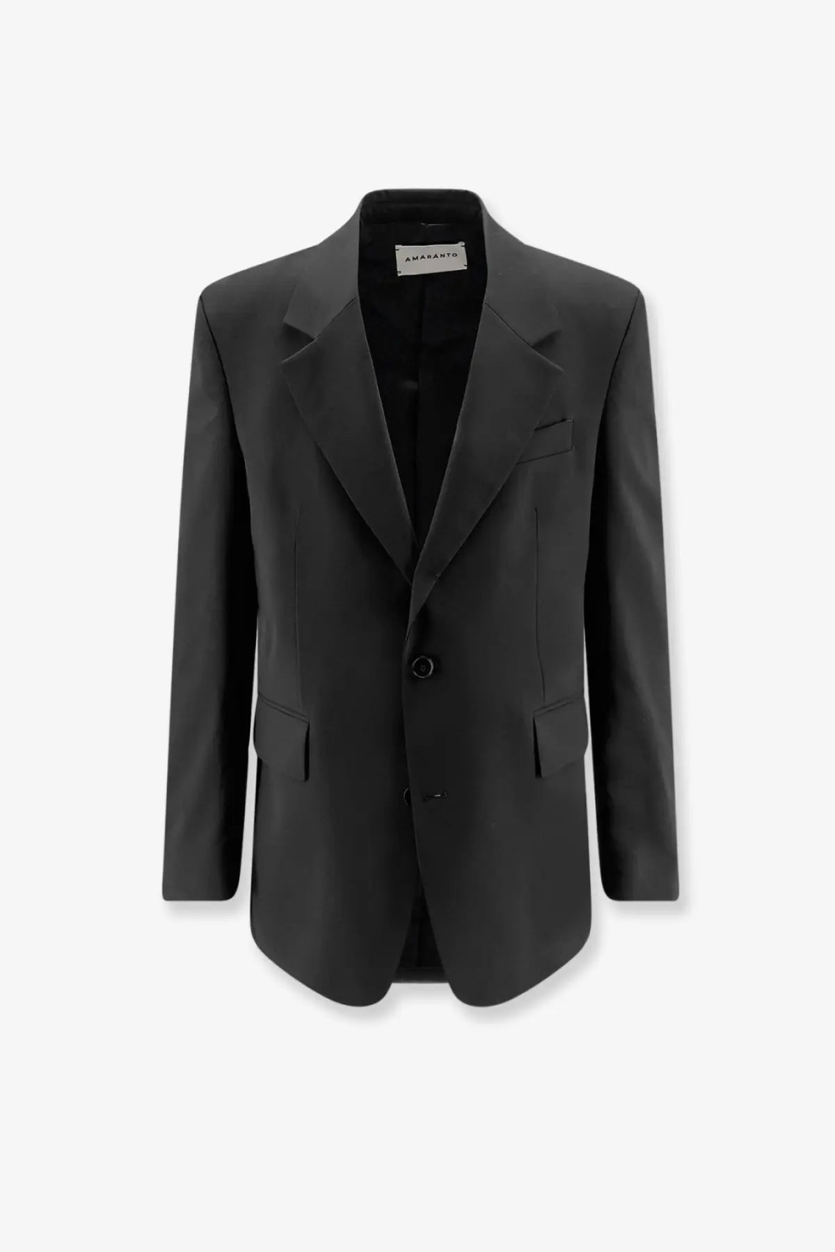 Black tailored blazer with sleek minimalist design and subtle sheen made from virgin wool blend by AMARÁNTO