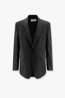 Black tailored blazer with sleek minimalist design and subtle sheen made from virgin wool blend by AMARÁNTO