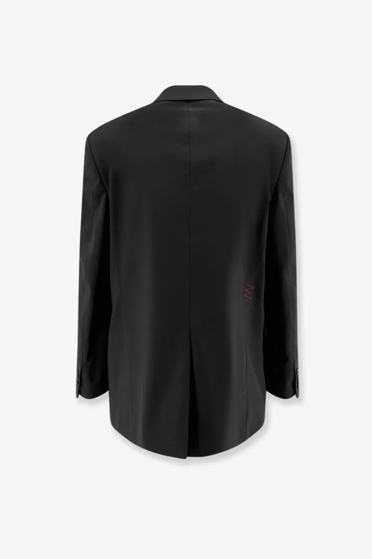 Black tailored amaránto men’s virgin wool blend blazer with subtle red embroidered logo on the lower back view