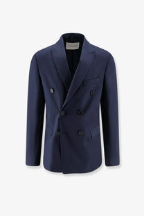 Amaránto men’s navy blue double-breasted virgin wool blend blazer with black buttons and subtle texture