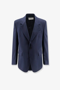 Navy blue tailored amaránto men’s virgin wool blend blazer with notched lapels and two flap pockets