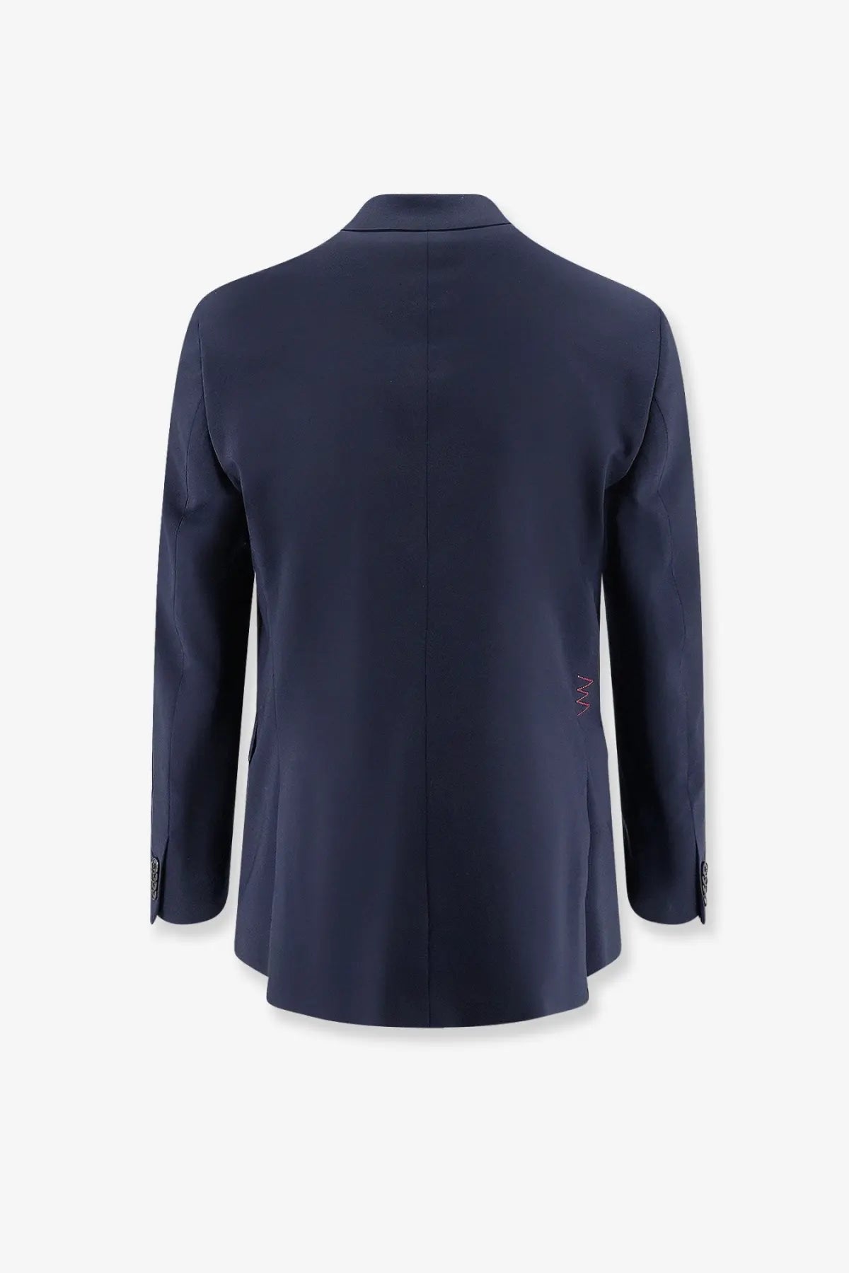 Navy blue tailored amaránto men’s virgin wool blend blazer with subtle pink sleeve embroidery and black buttoned cuffs