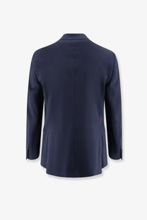 Navy blue tailored amaránto men’s virgin wool blend blazer with subtle pink sleeve embroidery and black buttoned cuffs
