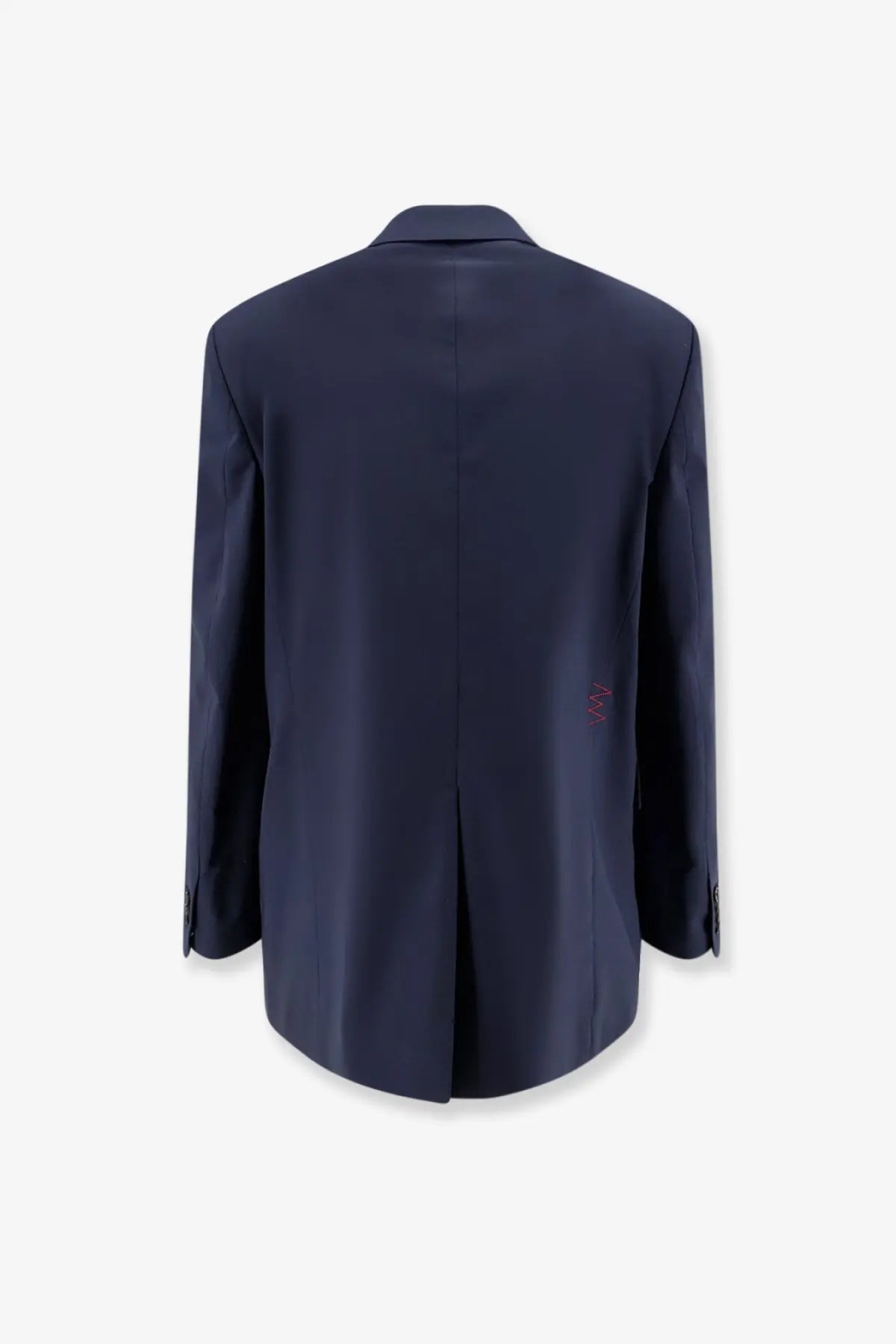 Back side of a navy blue amaránto men’s virgin wool blend tailored blazer with subtle red embroidered logo on pocket