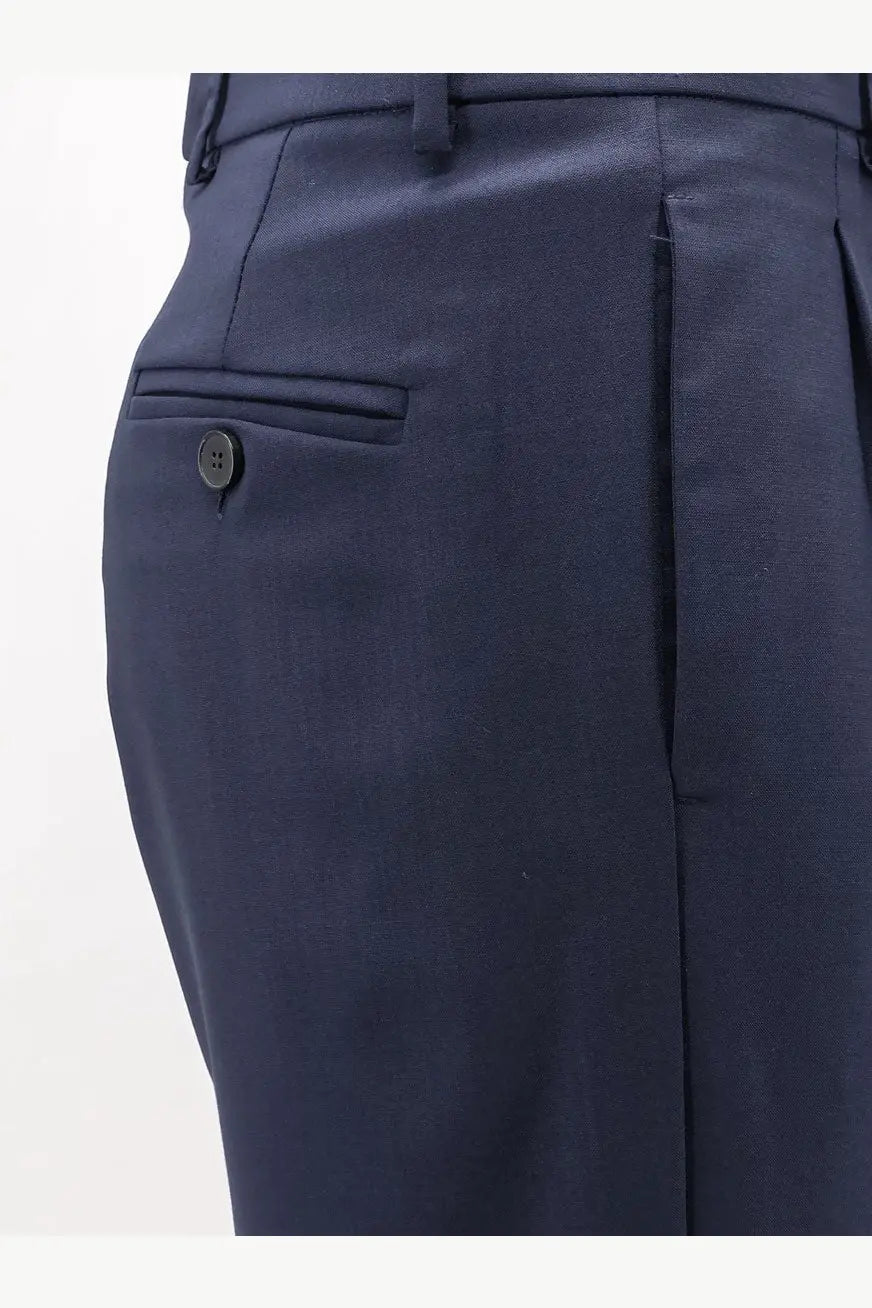 Amaránto men’s dark navy virgin wool blend pleated trousers with single button closure on front pocket