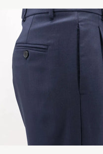 Amaránto men’s dark navy virgin wool blend pleated trousers with single button closure on front pocket