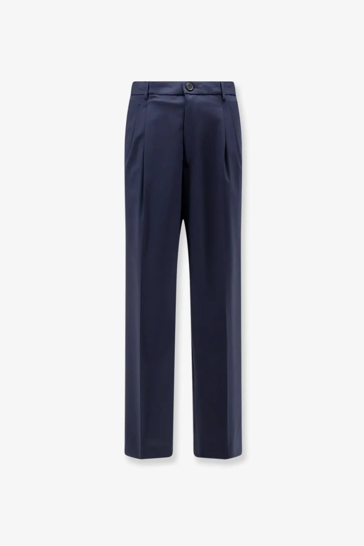 Navy blue tailored men’s virgin wool blend trousers with straight-leg cut and subtle front pleats by amaránto