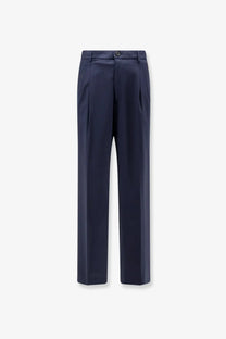 Navy blue tailored men’s virgin wool blend trousers with straight-leg cut and subtle front pleats by amaránto