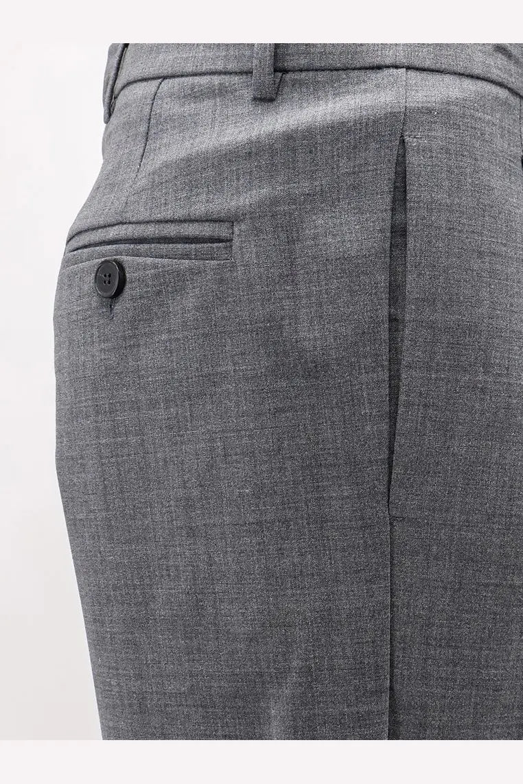 Gray textured virgin wool blend trousers for men by AMARÁNTO with black button pocket detail on the side