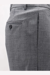 Gray textured virgin wool blend trousers for men by AMARÁNTO with black button pocket detail on the side