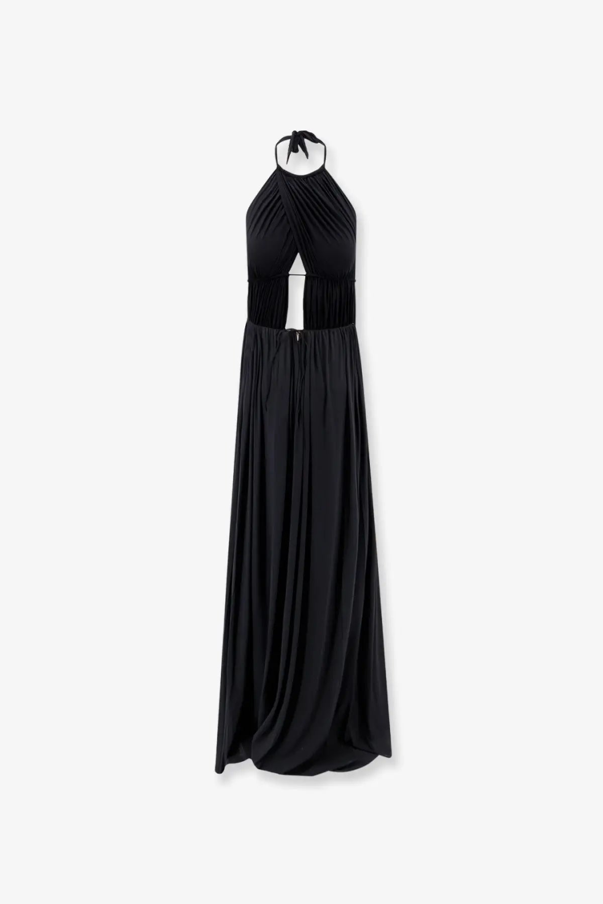 Black halter-neck maxi jersey dress with pleated bodice and central cutout detail by Amazuìn women’s Amelia
