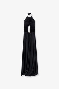 Black halter-neck maxi jersey dress with pleated bodice and central cutout detail by Amazuìn women’s Amelia