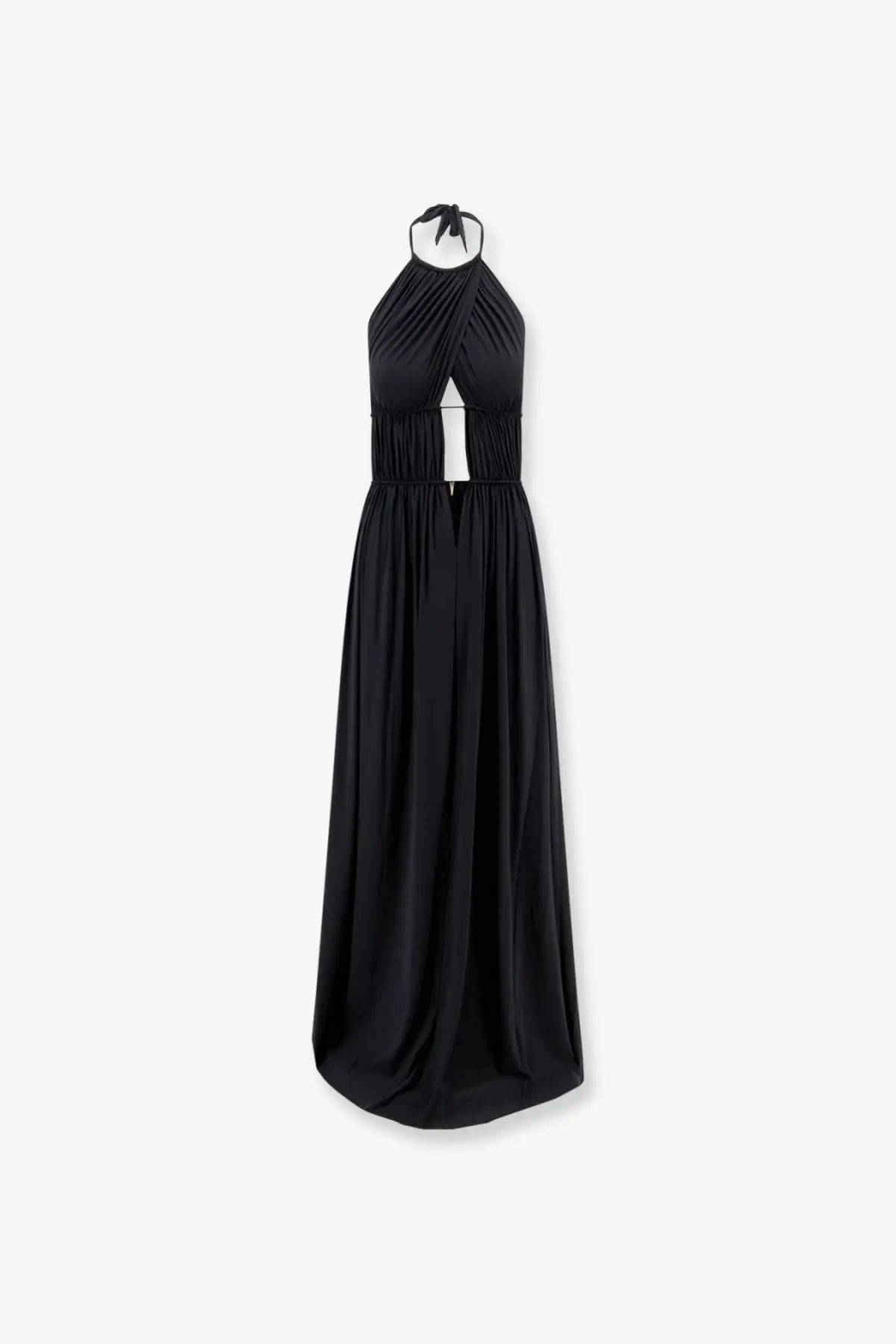 Amazuìn women’s amelia black jersey halter neck maxi dress with ruched bodice and central cutout detail