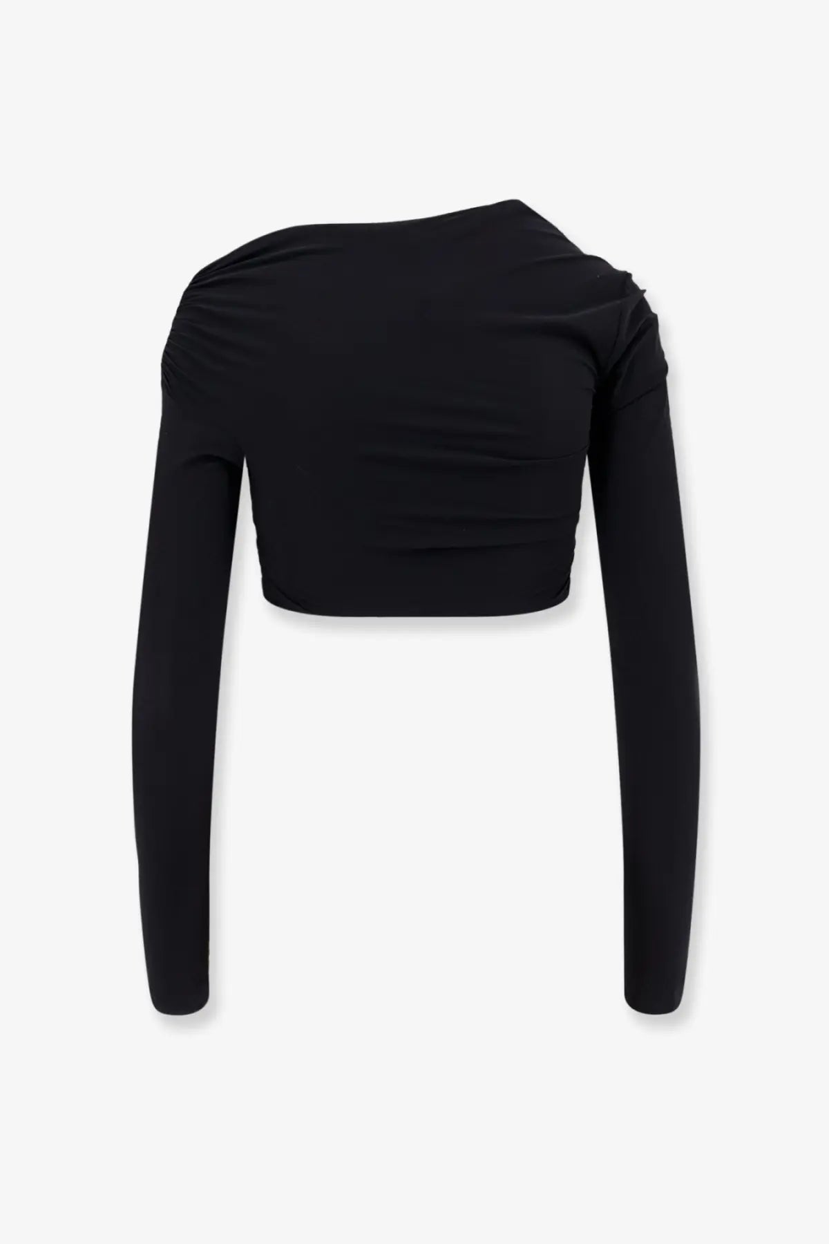 Amazuìn womens Gabi black long-sleeved crop top with ruched shoulder design made from stretch fabric