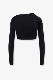 Amazuìn womens Gabi black long-sleeved crop top with ruched shoulder design made from stretch fabric