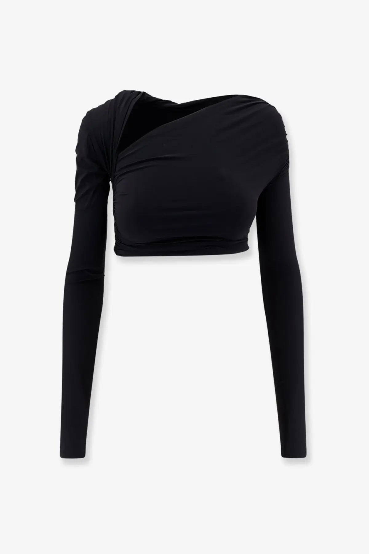 Amazuin womens gabi black one shoulder crop top with long sleeves ruched asymmetrical stretch fabric design