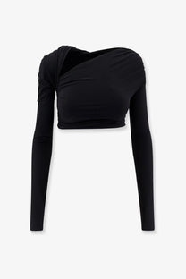 Amazuin womens gabi black one shoulder crop top with long sleeves ruched asymmetrical stretch fabric design