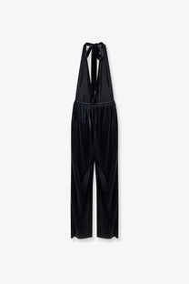 Amazuìn women’s gily black velvet halter jumpsuit with tied neckband and elastic waist for stylish occasions