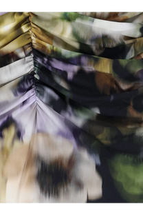 Amazuìn women’s natalie multicolor jersey dress with ruched flowing fabric and soft-focus floral print in muted tones