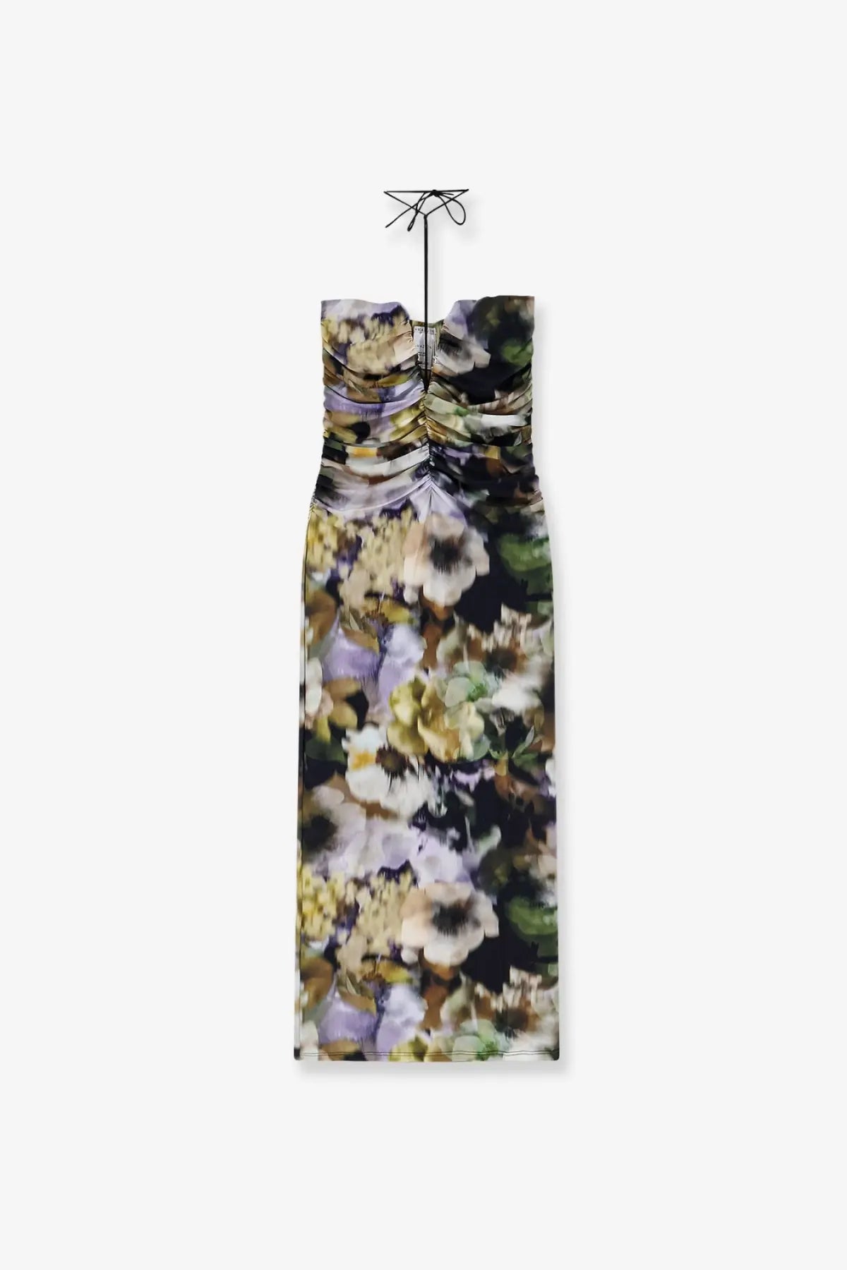 Amazuìn women’s natalie multicolor strapless ruched midi jersey dress with vibrant purple green and cream floral print