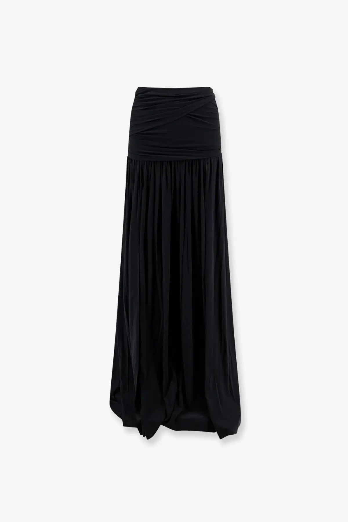 Amazuìn women’s Tayla stretch jersey skirt in black with flowing maxi design, gathered waistband, and soft pleats
