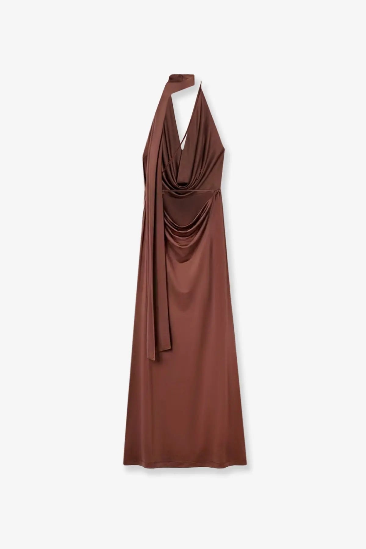Amazuìn women’s Vivienne brown satin halter gown with draped front and flowing silhouette