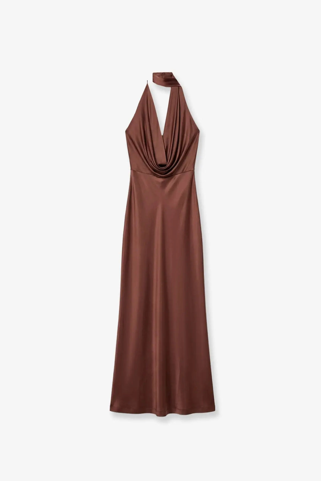 Amazuìn women’s vivienne brown satin halter-neck maxi dress with draped cowl neckline