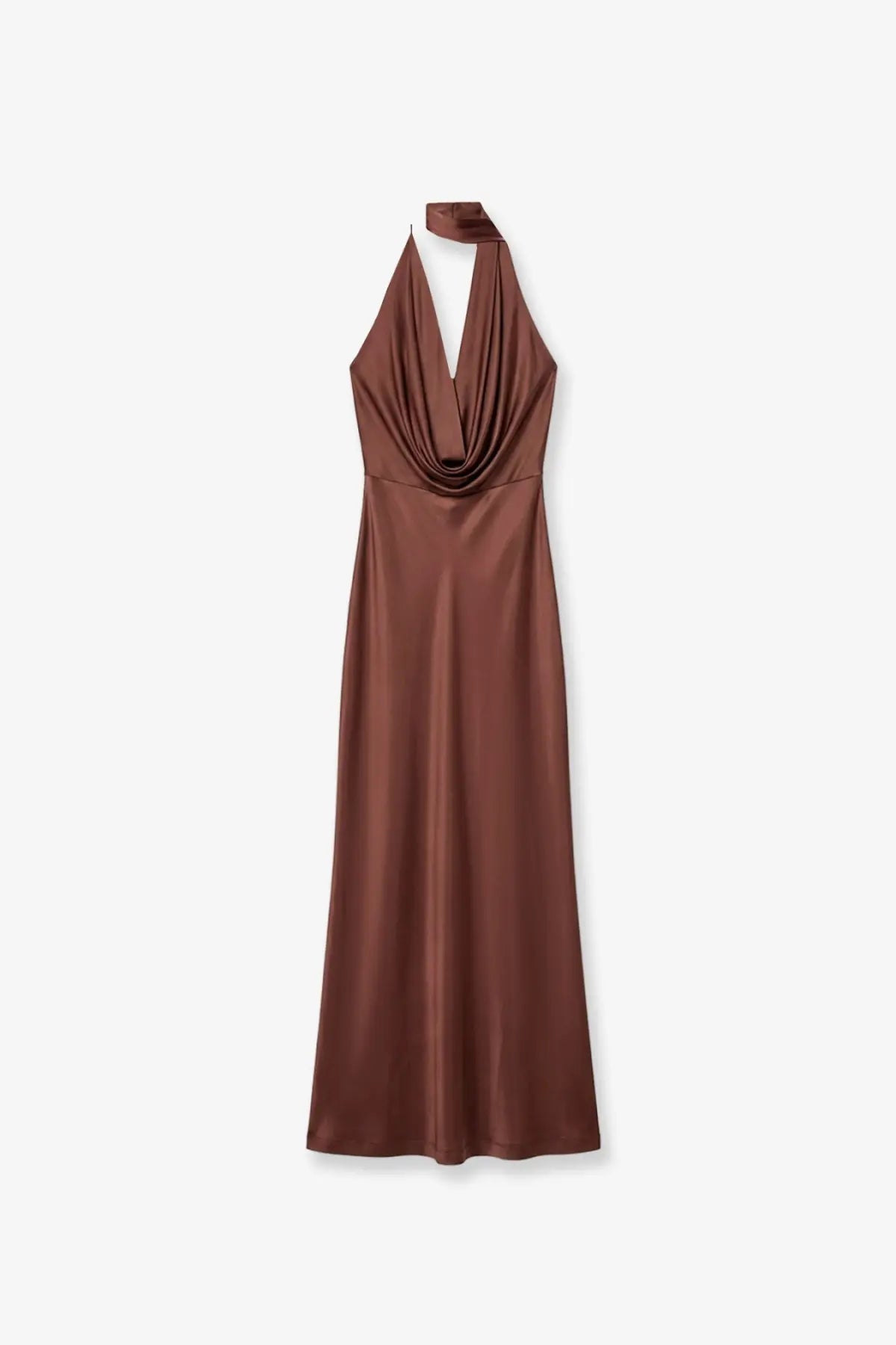 Amazuìn women’s vivienne brown satin halter-neck maxi dress with draped cowl neckline
