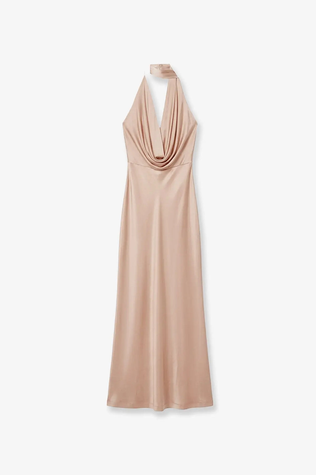 Amazuìn women’s Vivienne jersey dress opal in nude satin with halter neck and draped cowl neckline