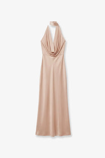 Amazuìn women’s Vivienne jersey dress opal in nude satin with halter neck and draped cowl neckline