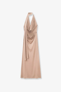 Amazuìn women’s vivienne jersey dress opal in sleek taupe satin with halter neck and draped flowing silhouette
