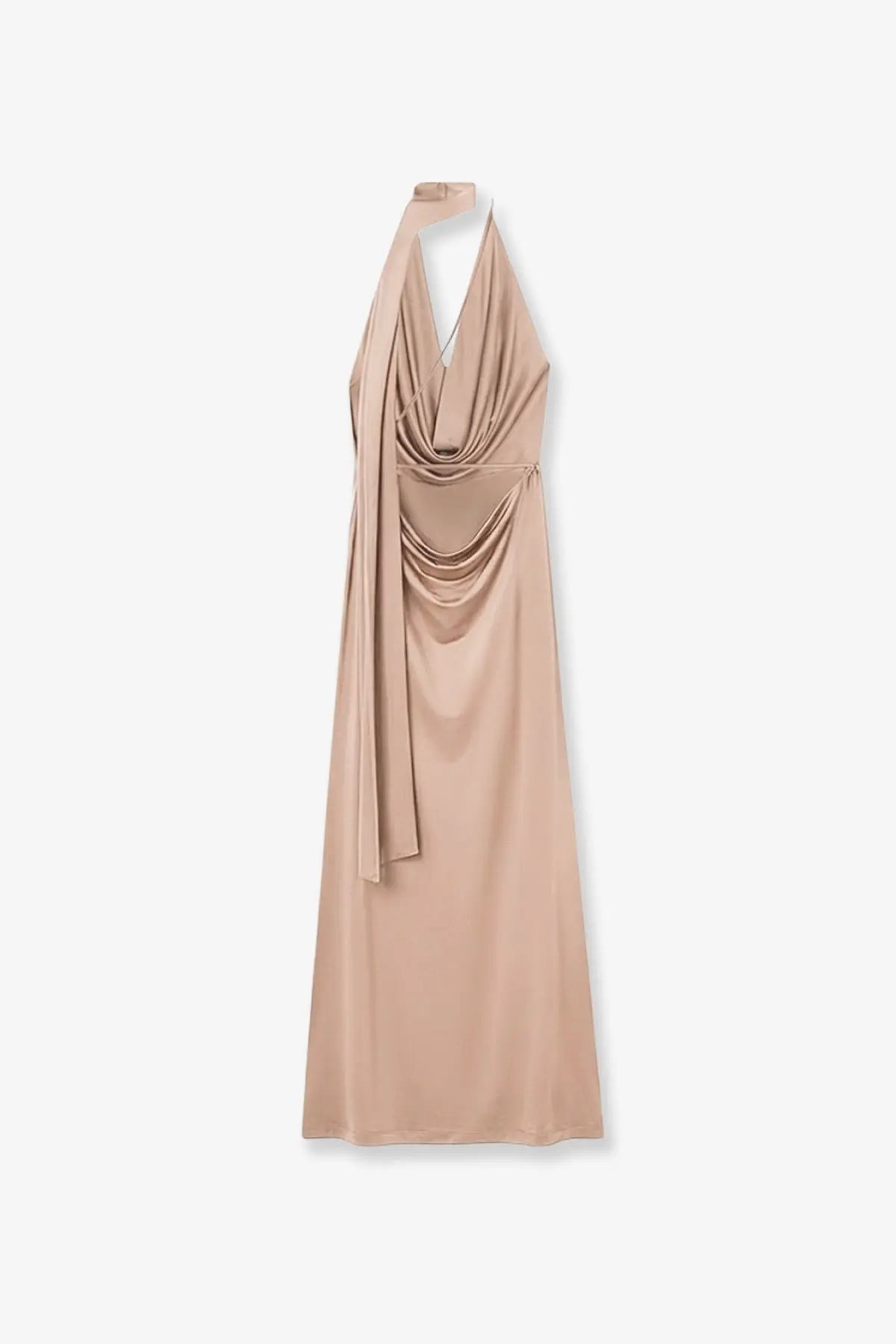 Amazuìn women’s vivienne jersey dress opal taupe satin halter gown with draped front and flowing silhouette